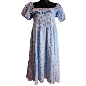 R. Vivimos Floral Smocked Midi Dress XL Blue Cottagecore Puff Sleeve New NWT